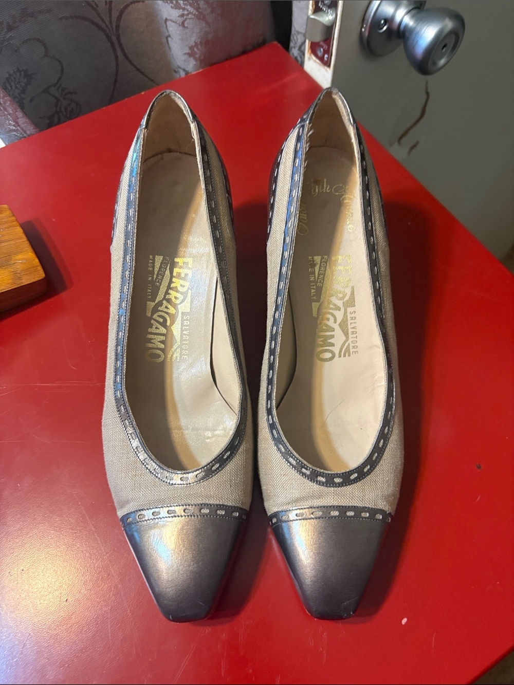 Salvatore Ferragamo Beige Fabric Pumps with Silver Metallic Toe